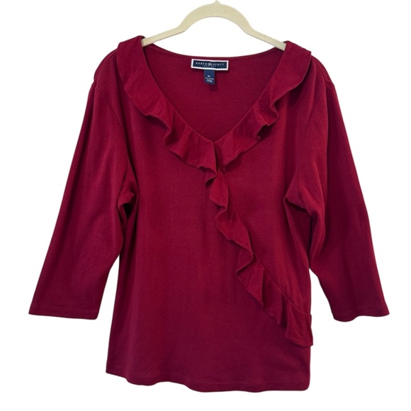 Karen Scott Petites Dark Red Stretchy Cotton Ruffle V-Neck Top – Petite Large - Picture 1 of 2